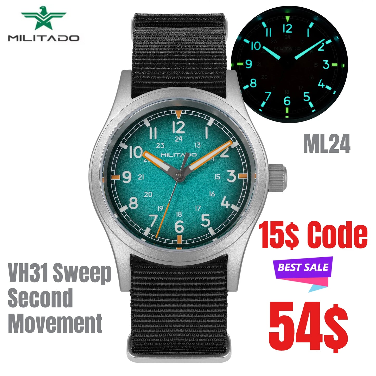 ML24 Field Watch Mens 38mm Vintage Military Style VH31 Sweep Quartz Domed Sapphire Super C3 Lume 316L Steel 100M