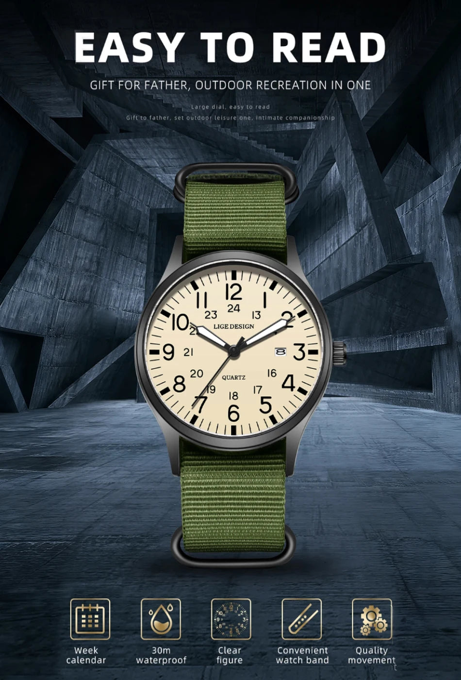 LIGE Lyxiga herrklockor med kvartsverk, datum, nylonarmband, läderarmband, vattentäta, självlysande, militär- och sportklockor för män relogios masculino