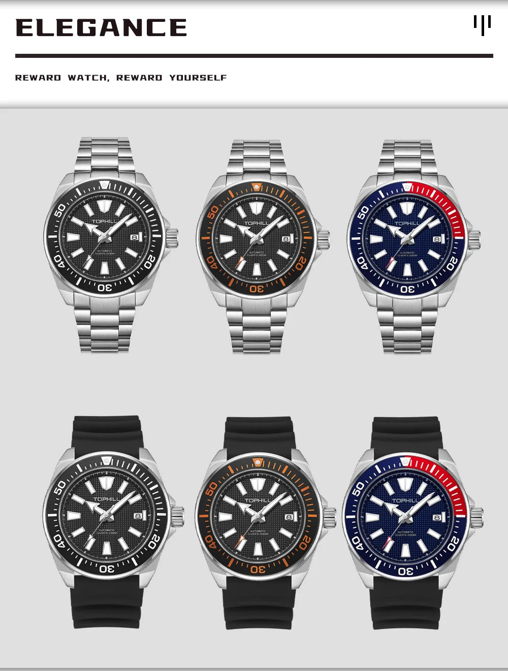 TOPHILL Men's Automatic Watches Men Dive Watch 300m Waterproof Mechanical Wristwatch NH35 Super Luminous Clocks Sapphire Mirror