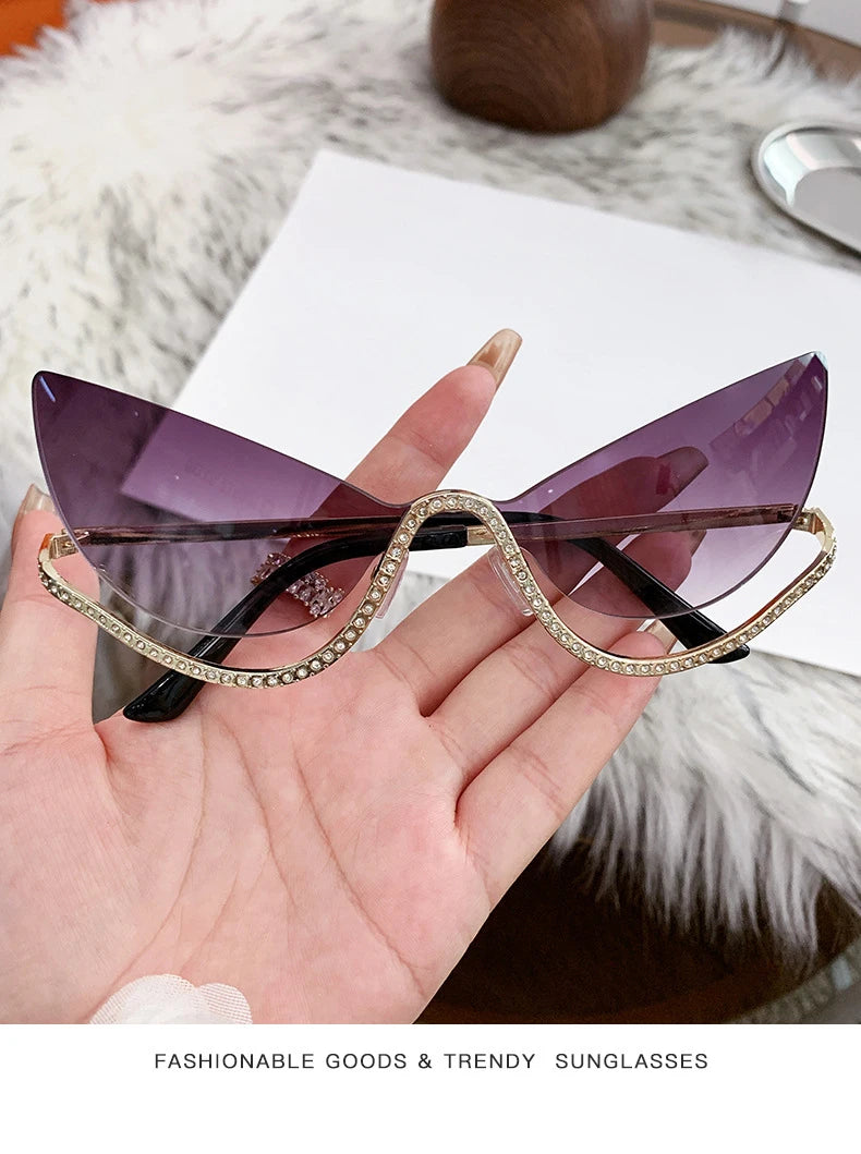 Sexy Cat Eye Rimless Sunglasses Women 2026 Luxury Brand Trendy Rhinestone Sun Glasses Punk Metal Frame Eyewear Outdoor Shades