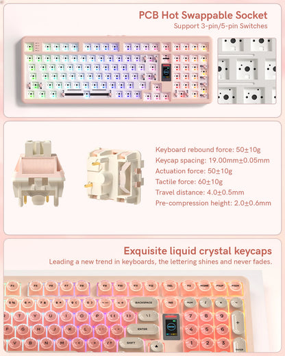 Womier Foundation WK98 Mechanical Keyboard With Display Pink Creamy 3 Mode Ergonomic Gasket Hot Swappable Gaming Keyboard