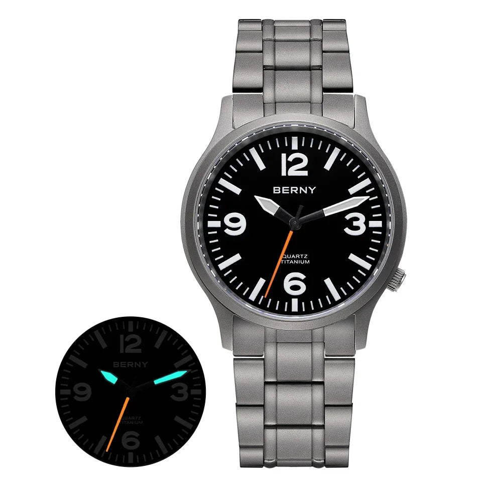 BERNY Full Titanium Watches for Men Super Luminous Sapphire Sports Field Quartz Men's Watch VH31 Wristwatch 5ATM Easy Read