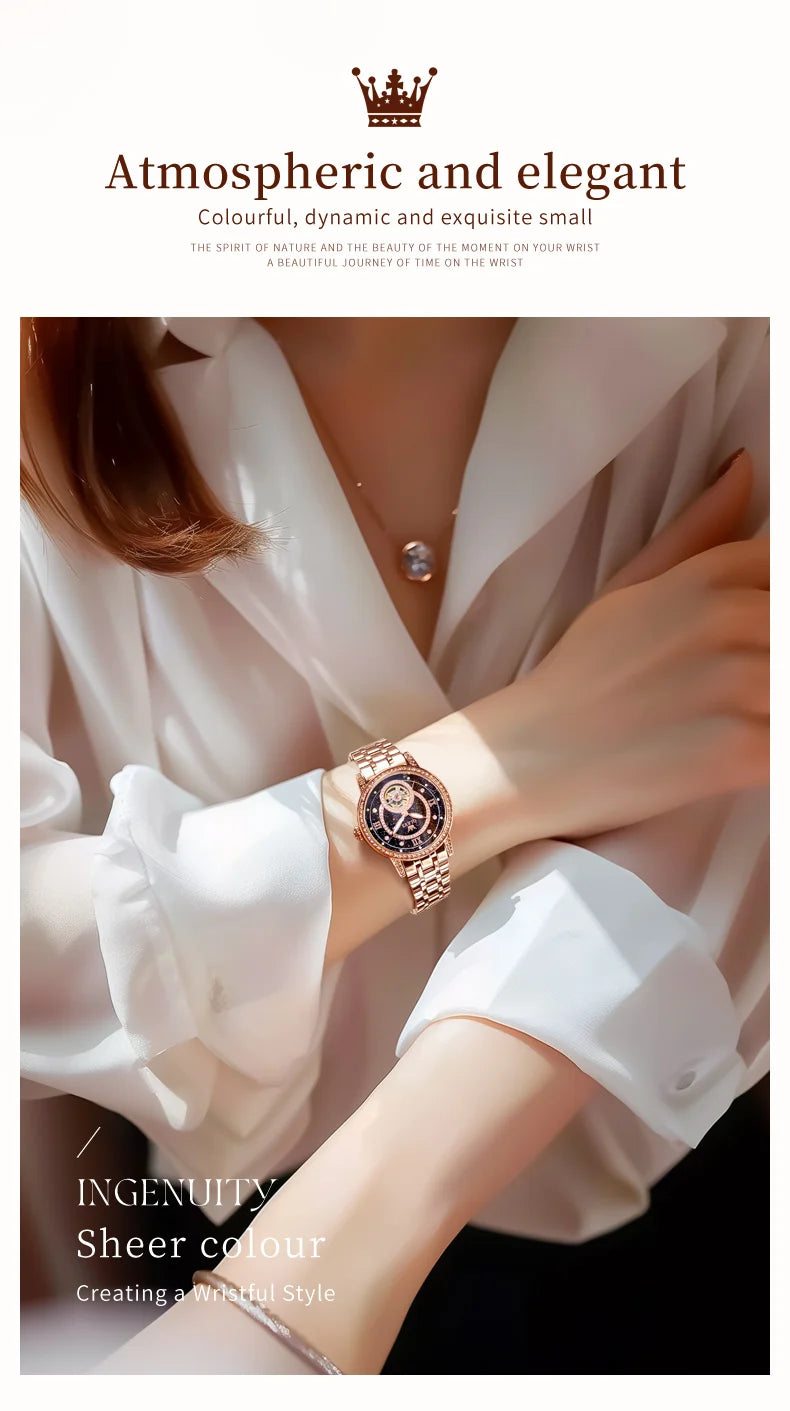 OLEVS Women’s Luxury Automatic Skeleton Watch  Starry Sky Stainless Steel Mechanical Wristwatch