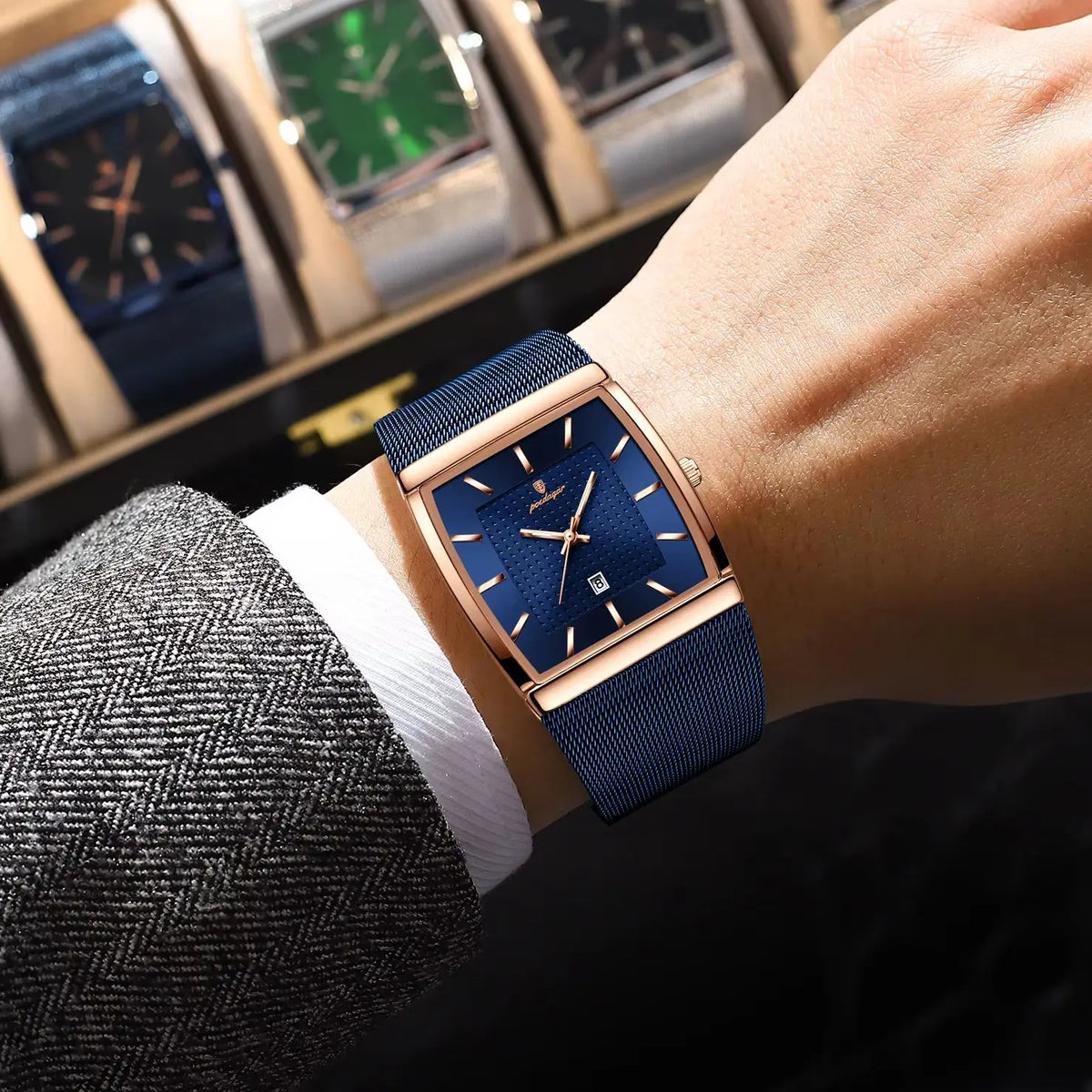 POEDAGAR Men’s Luxury Rectangle Quartz Watch Stainless Steel Mesh Strap, Luminous Dial & Date