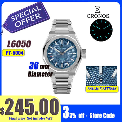 Cronos Luxury Men's Watch 36mm Automatic PT5004 Miyota 90S5 Wristwatches Sapphire 10ATM See-through Case Back L6050 men's watch