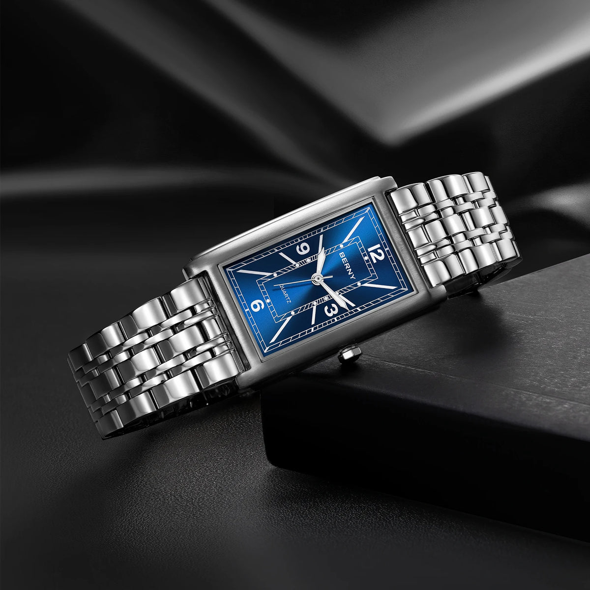 Montre carrée pour homme BERNY – Mouvement à quartz, cadran à chiffres romains, affichage luminescent, boîtier en acier inoxydable 316L – Montre rectangulaire élégante et décontractée