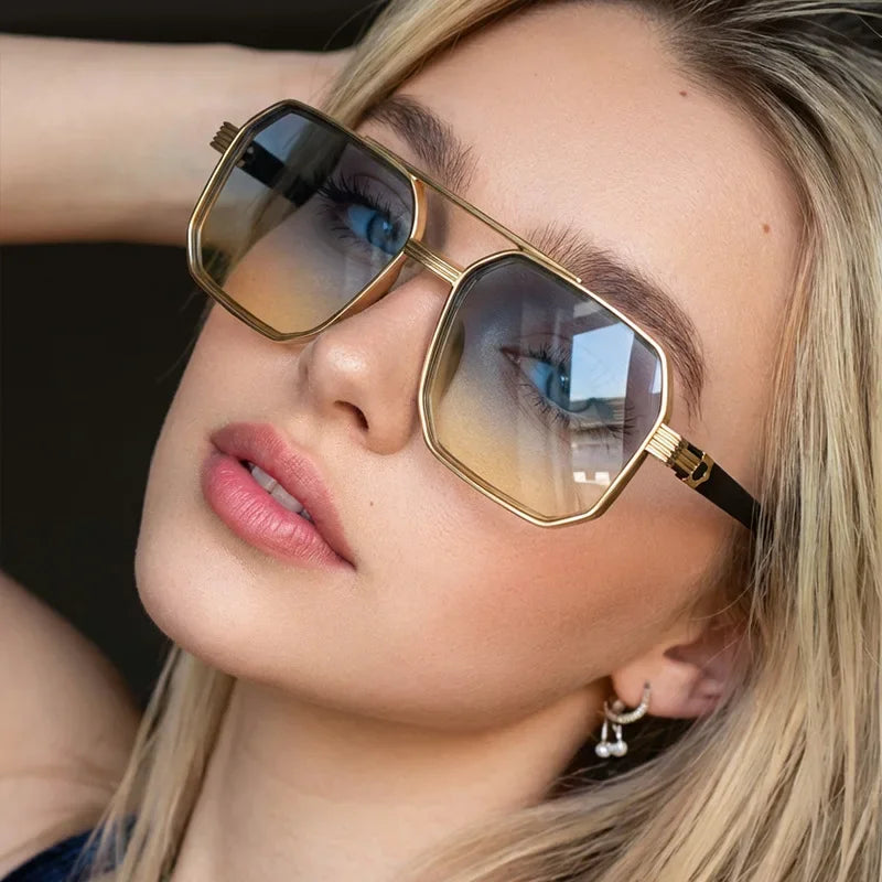 Trendy Women Luxury Polygonal Sunglasses Double Beam Men Metal Sunglass Outdoor Driving Shade Unisex