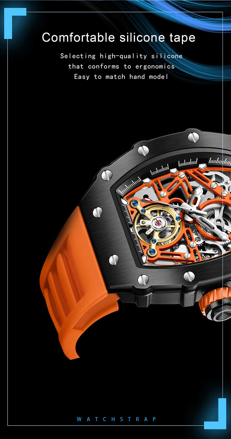Fashion Luxury Men's Watch ONOLA Hollow Out Rudder Flywheel Fully Automatic Mechanical Waterproof Silicone Watches Clock