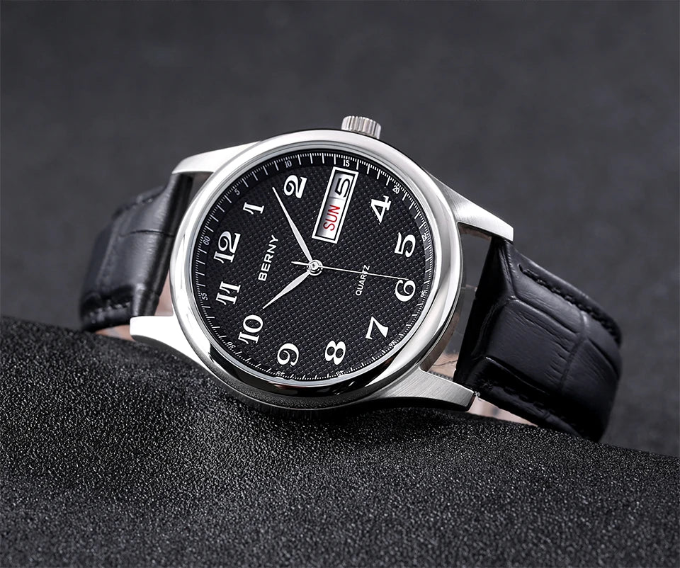 BERNY Men's Watch Quartz Day Top Calendar Wristwatch Waterproof Blued Steel Hands Arabic Numerals Easy Read Relogio Masculino