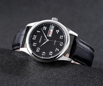 BERNY Men's Watch Quartz Day Top Calendar Wristwatch Waterproof Blued Steel Hands Arabic Numerals Easy Read Relogio Masculino