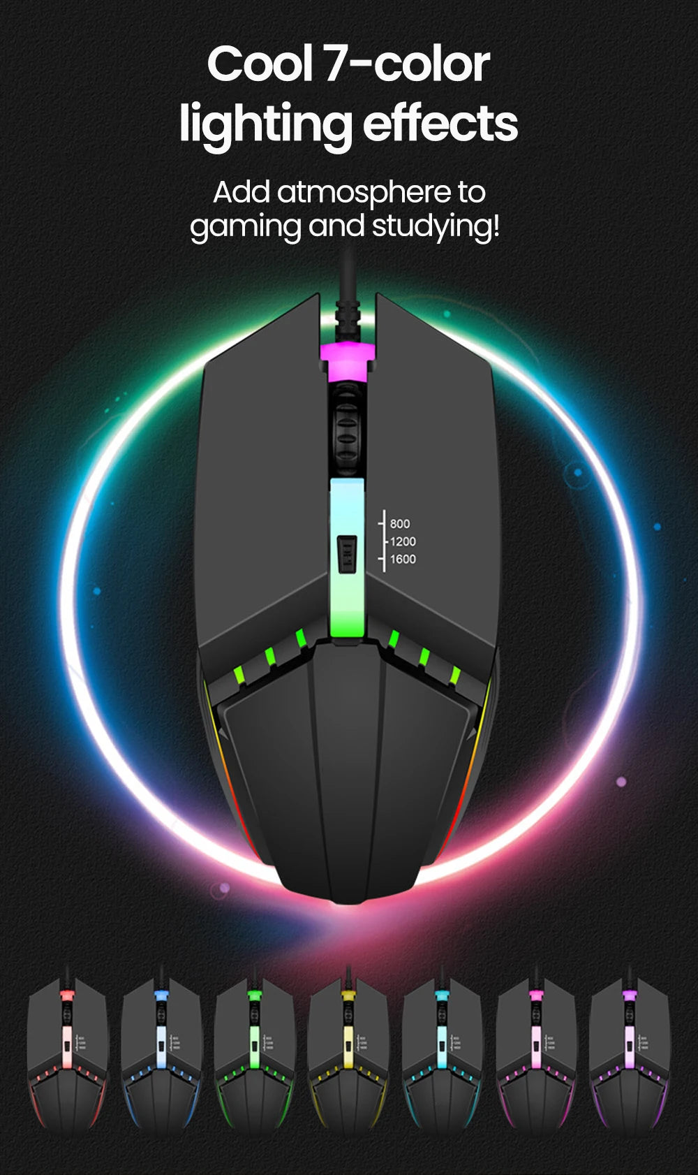 Ενσύρματο RGB Gaming Ποντίκι USB με Οπίσθιο Φωτισμό, Αθόρυβη Λειτουργία, LED Φωτισμό, 1600DPI, για Desktop PC, Notebook, Υπολογιστή, Σπίτι και Γραφείο