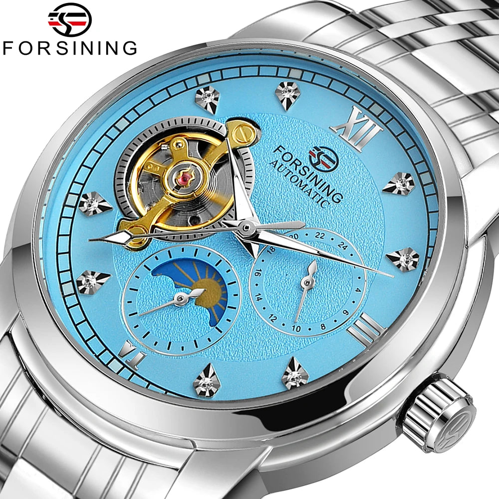 Ceas mecanic automat pentru bărbați Forsining – Stil de lux, business și fashion, brățară metalică, tourbillon, ace luminescente, împodobit cu diamante artificiale