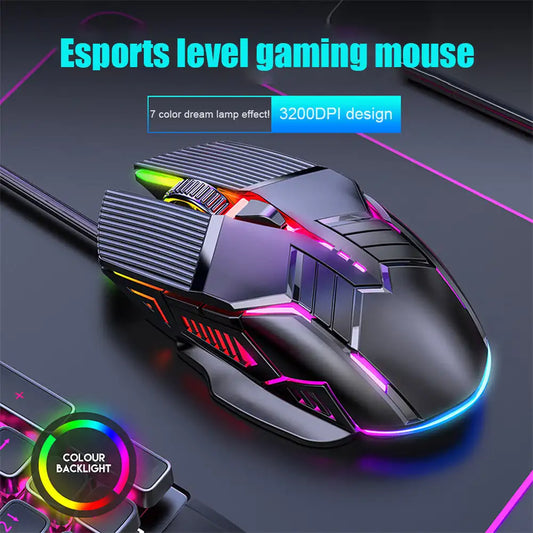 3200DPI ergonomisk trådbunden gamingmus USB datormus gamingmus med RGB-bakgrundsbelysning 6 knappar LED tyst mus för PC och laptop