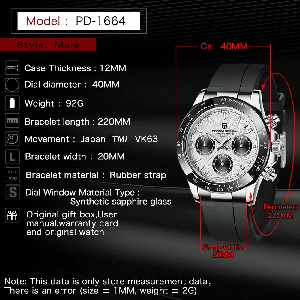 2026 New PAGANI DESIGN PD-1664 Meteorite Dial Fashion Men Quartz Wristwatches 100M Sapphire Glass Chronograph relogio masculino