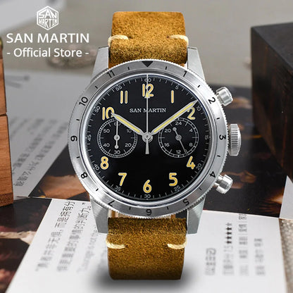 San Martin Vintage Men Quartz Watch Pilot VK64 Chronograph Watches Waterproof Luminous Quick Release Leather Strap SN0127