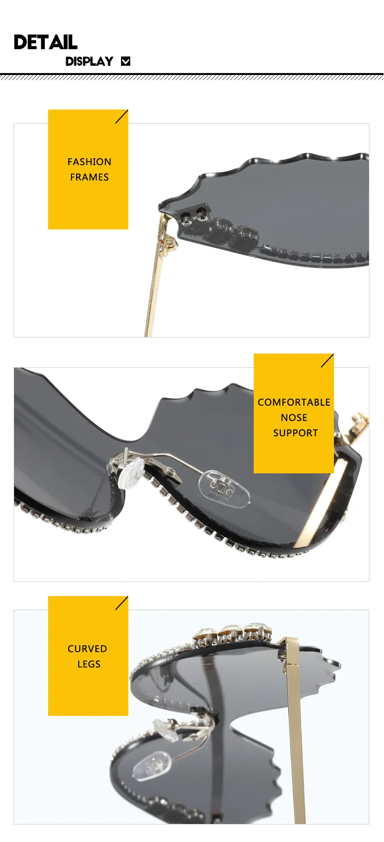 Fashion Luxury Brand Design Diamond Wave Rimless Women Sunglasses Hip Hop Eyewear Outdoor Glasses Unisex Shades Glasses UV400