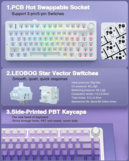 Teclado Mecânico Gaming Sem Fios AULA F75 Pro com Montagem Gasket, RGB Personalizado, Layout 75% e Teclas PBT com Gravação Lateral