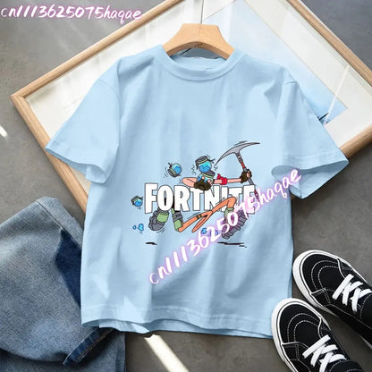Fortnites Kids Blue Cotton T Shirt Fortress Night Baby Short Sleeve Tees Shirt Cartoon Boy Girl Summer Clothes Kawaii Tops Gift