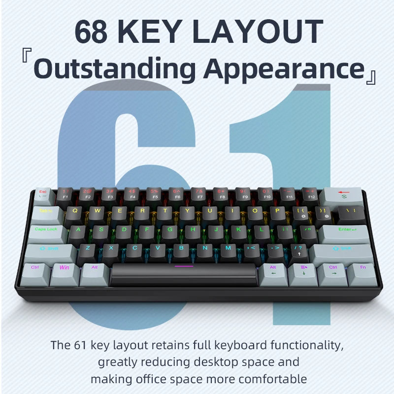 APAYADO K61 Mini-Mechanische Tastatur, kabelgebunden, 61 Tasten, Phantom RGB, schwarz/weiß, mechanische rote/blaue Switches für Gaming, 60% tragbar