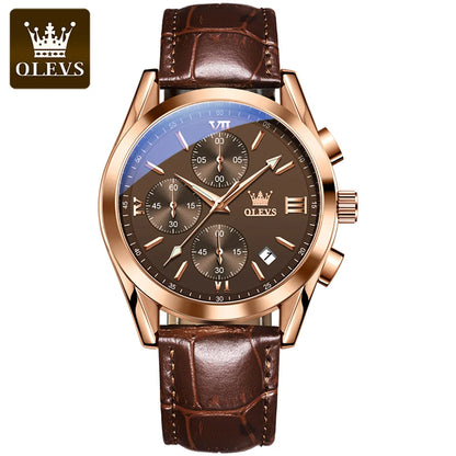 Reloj de pulsera cronógrafo para hombre OLEVS 2872 – Correa de piel, resistente al agua, agujas luminiscentes, movimiento de cuarzo, estilo deportivo de lujo