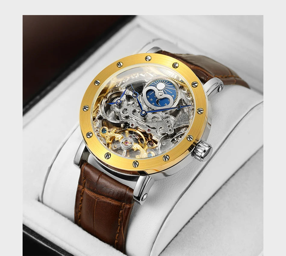 SKROX mekanisk automatisk armbåndsur til mænd, skeletmodel med GMT-funktion, månefase og tourbillon – Elegant og originalt luksusur i topklasse.