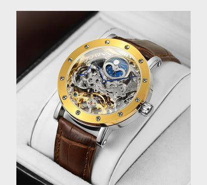 SKROX mekanisk automatisk armbåndsur til mænd, skeletmodel med GMT-funktion, månefase og tourbillon – Elegant og originalt luksusur i topklasse.