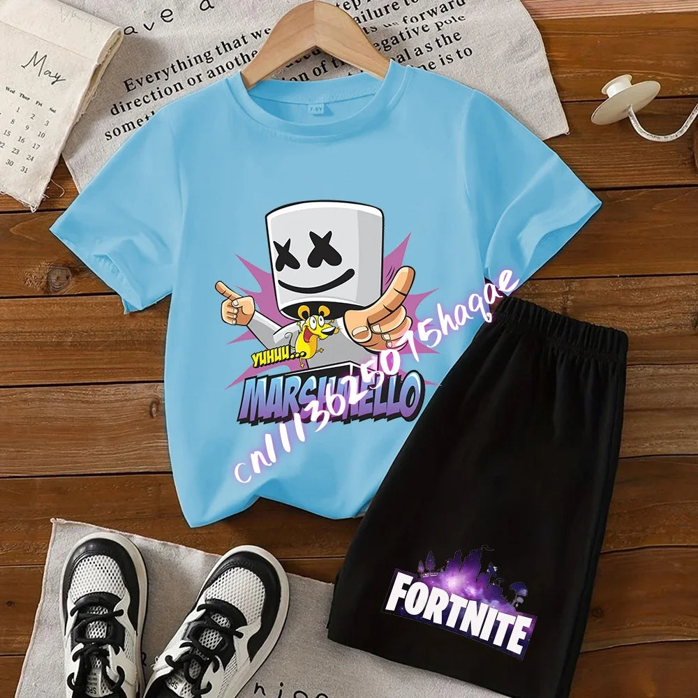 Fortnites Kids T Shirt Shorts Set Cartoon Figure Printed T Shirts Children Tops Summer Casual Sportswear Kids Boys Clothing