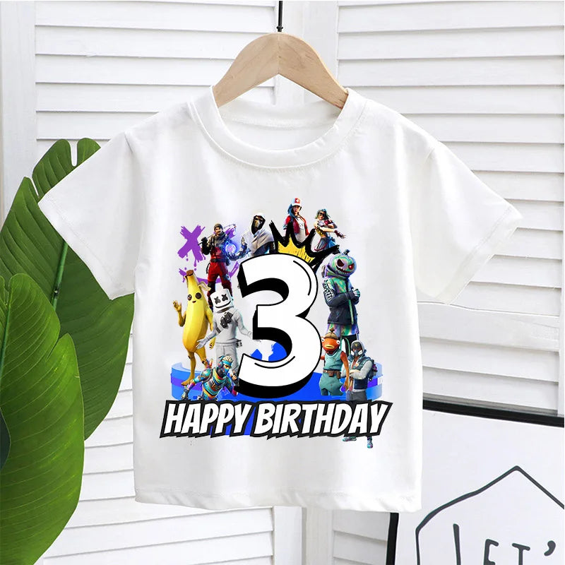 Fortnite Kindergeburtstag Zahlen-T-Shirt für Mädchen und Jungen, Sommerkleidung, Baby-Baumwoll-T-Shirt, Party-Kurzarm-Oberteil, Geschenk für Kleinkinder