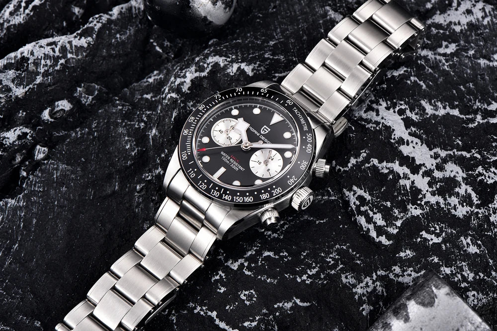 Vyriškas laikrodis „PAGANI DESIGN“ „Panda“ – prabangus kvarcinis chronografas, atsparus vandeniui, safyro stiklas su antirefleksine danga, šviečiantis sportinis laikrodis