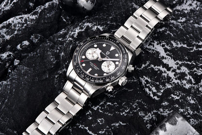 Vyriškas laikrodis „PAGANI DESIGN“ „Panda“ – prabangus kvarcinis chronografas, atsparus vandeniui, safyro stiklas su antirefleksine danga, šviečiantis sportinis laikrodis