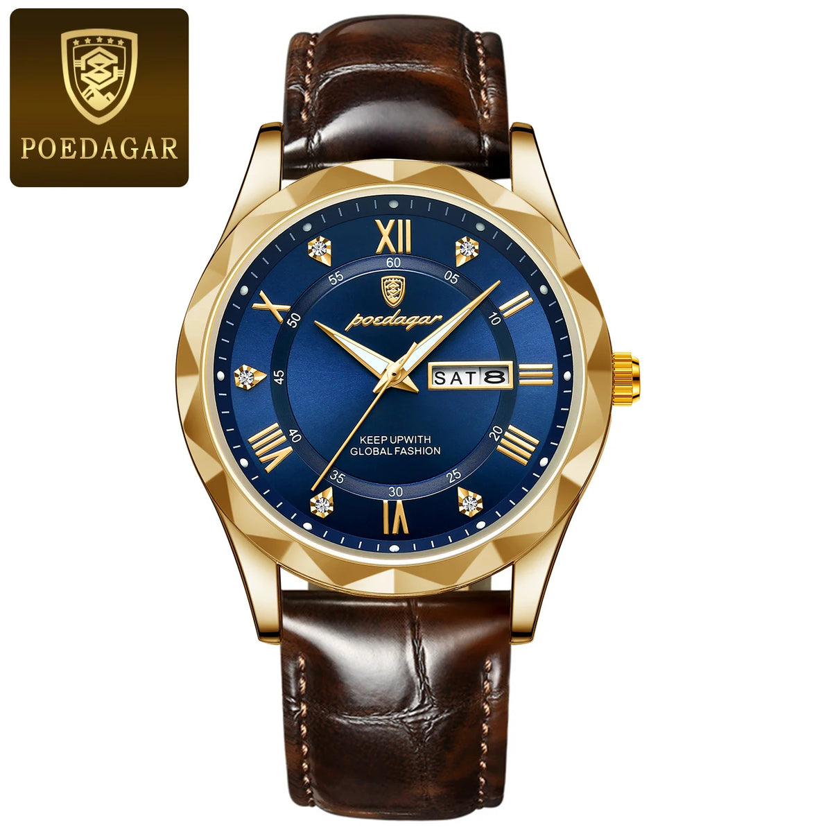 POEDAGAR herenhorloge, origineel luxemodel: waterdicht, lichtgevend, met datum- en dagweergave. Quartzhorloge in klassieke en professionele stijl, voorzien van een leren band.