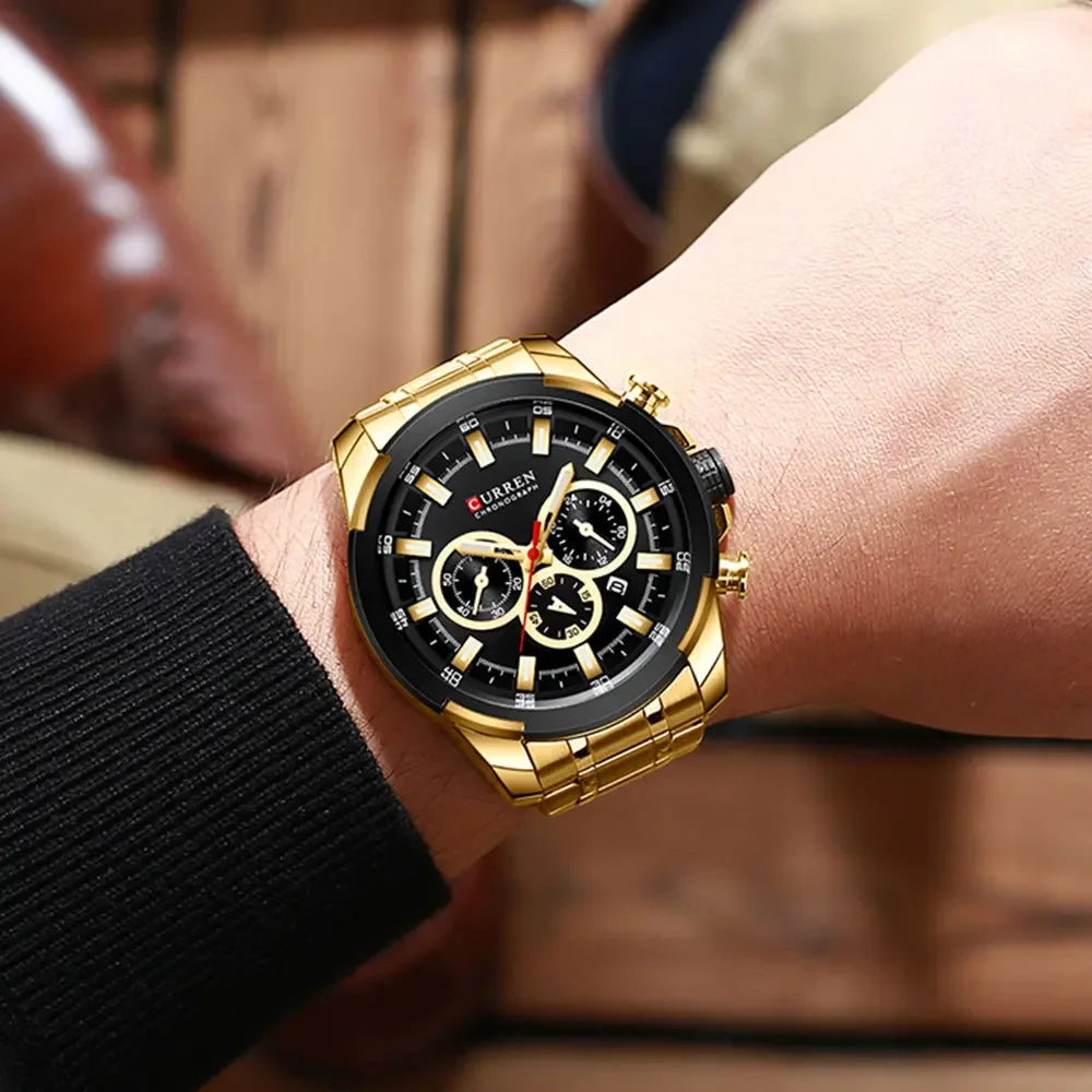 CURREN kronografklocka för män, stor urtavla på 48 mm, armband i rostfritt stål, tre hjälputavlor, sportklocka med kvartsverk, lyxig stil