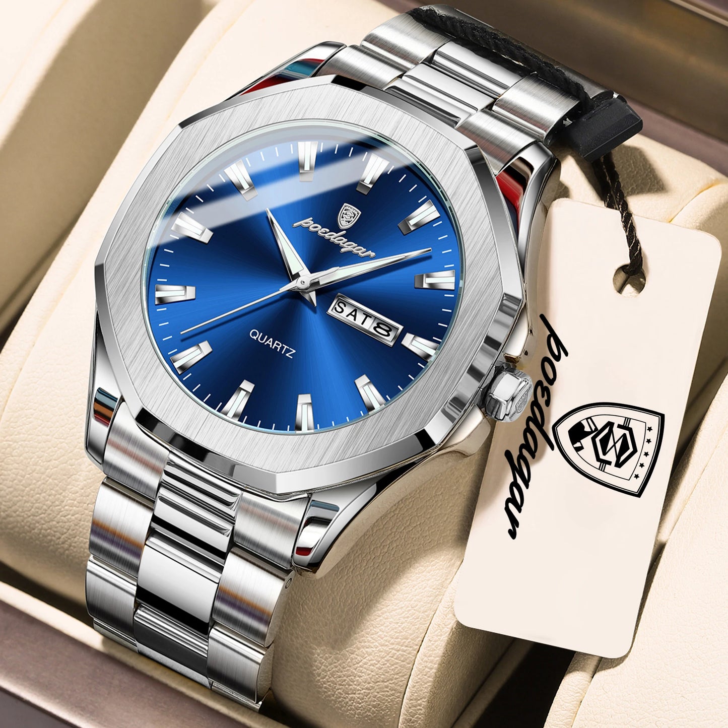 POEDAGAR Luxury Men Wristwatch Waterproof Luminous Week Date Casual Man Clock Stainless Steel Quartz Fashion Men's Watches Reloj
