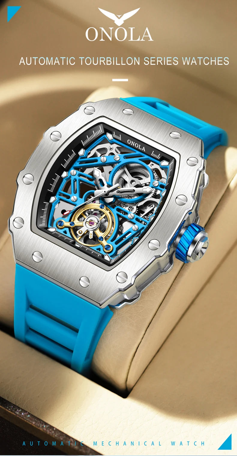 Fashion Luxury Men's Watch ONOLA Hollow Out Rudder Flywheel Fully Automatic Mechanical Waterproof Silicone Watches Clock