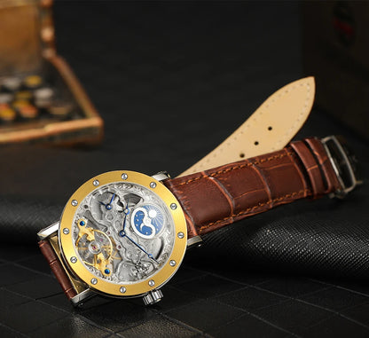 SKROX mekanisk automatisk armbåndsur til mænd, skeletmodel med GMT-funktion, månefase og tourbillon – Elegant og originalt luksusur i topklasse.