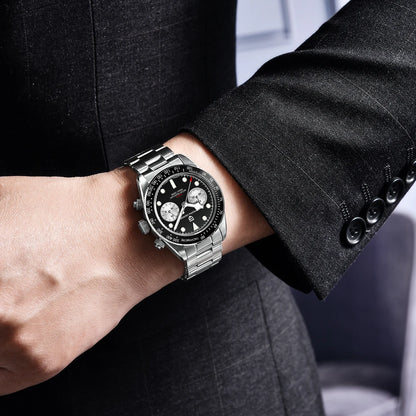 Vyriškas laikrodis „PAGANI DESIGN“ „Panda“ – prabangus kvarcinis chronografas, atsparus vandeniui, safyro stiklas su antirefleksine danga, šviečiantis sportinis laikrodis