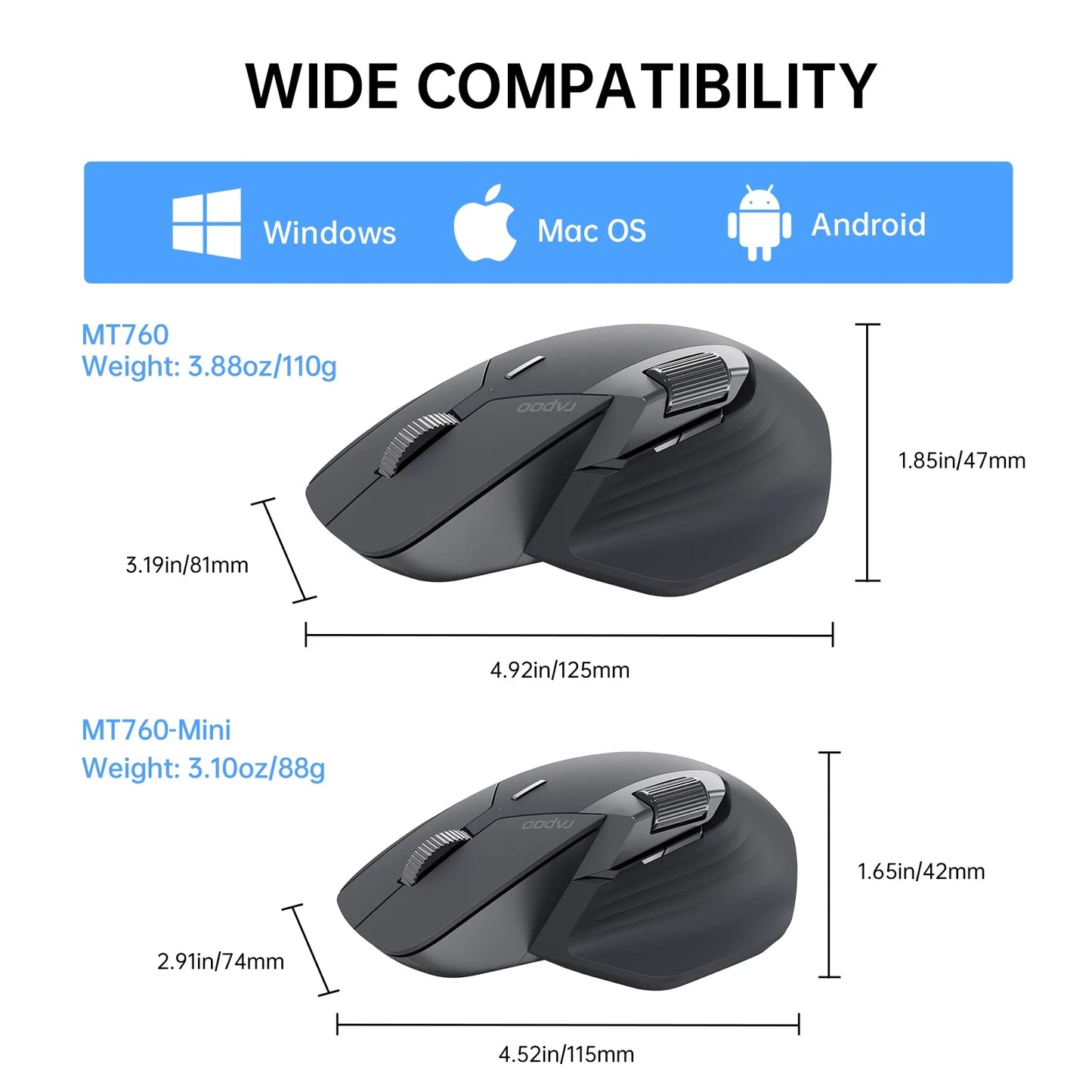Mysz bezprzewodowa Rapoo MT760L/MT760M Multi-mode, akumulatorowa, ergonomiczna, 4000 DPI, obsługa do 4 urządzeń, mysz Bluetooth