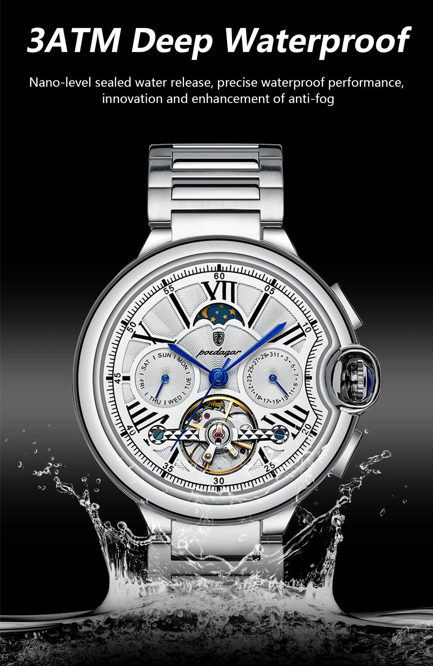 POEDAGAR Luxury Male Watch Tourbillon Date Week Stainless Steel Men Watch Waterproof Automatic Mechanical Military Men's Watches