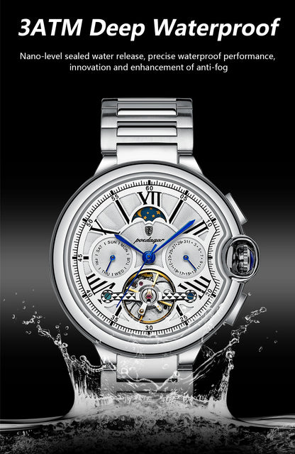 POEDAGAR Luxury Male Watch Tourbillon Date Week Stainless Steel Men Watch Waterproof Automatic Mechanical Military Men's Watches