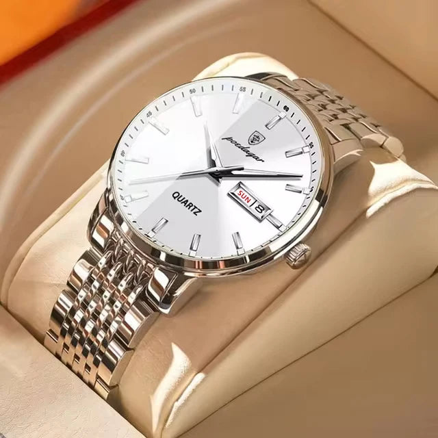 Relógio de pulso masculino POEDAGAR Business Quartz, aço inoxidável, resistente à água, data iluminada, relógio de pulso de luxo casual para homem