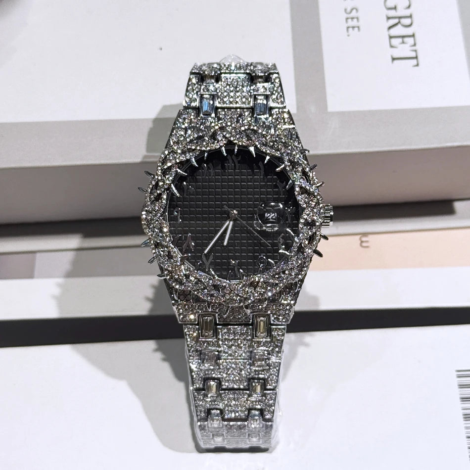 Luxury Full Diamond Men's Quartz Watch Thorn Bracelet Hip Hop Style Date Display with Luminous Function Men business Wristwatch