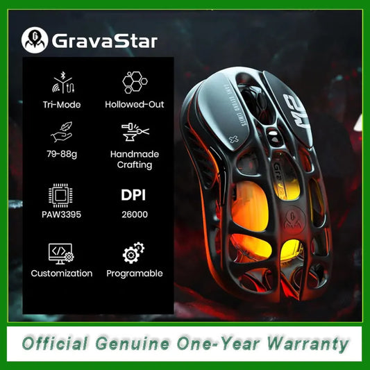 Brezžična gaming miška GravaStar Mercury M2, lahka votla zasnova, 5 programabilnih nastavitev DPI, 26,000 DPI, senzor PAW3395DM