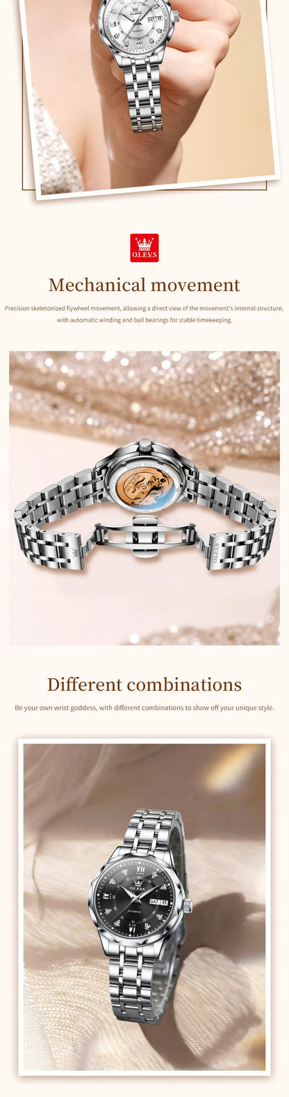 OLEVS 6727 Ladies Watch Automatic Mechanical Watch Stainless Steel Waterproof Calendar Week Watches For Women Luxury Elegant New