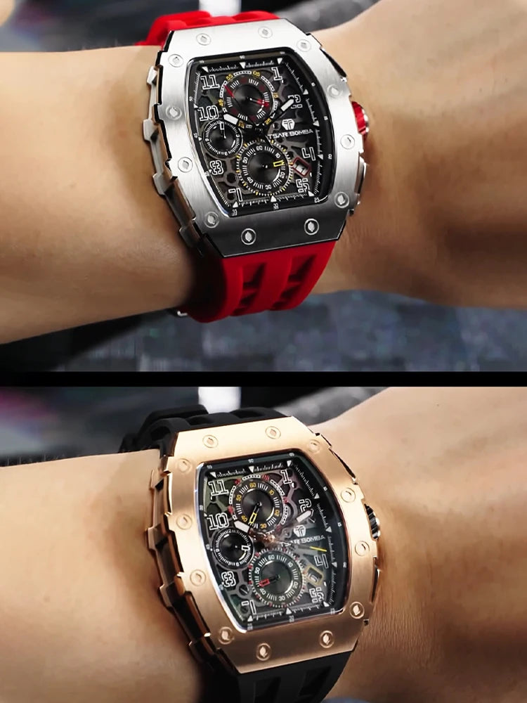 Reloj TSAR BOMBA para hombre, marca de lujo, diseño tonneau, impermeable, de acero inoxidable, reloj de pulsera de moda rectangular para hombre
