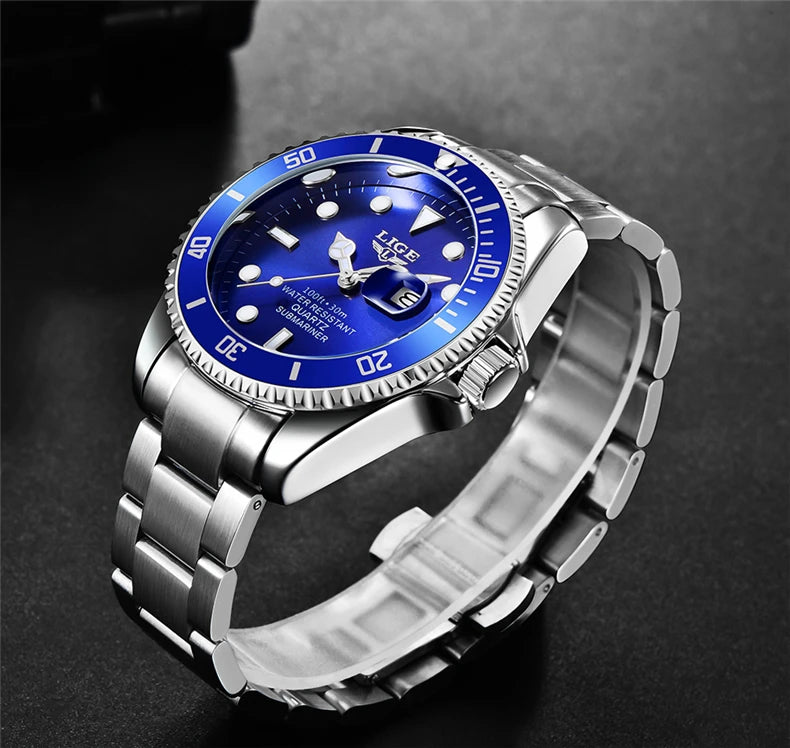Reloj de buceo de lujo para hombre, de la marca LIGE, resistente al agua hasta 3 ATM, con indicador de fecha, reloj deportivo de cuarzo