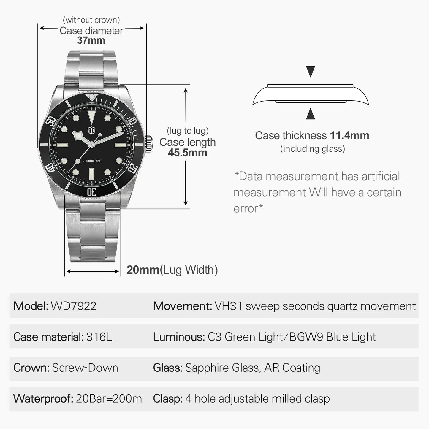 Watchdives WD7922 BB54 Watch VH31 Sweep Second Movement Sapphire Crystal 20bar Waterproof C3 Luminous 37mm Vintage Watches