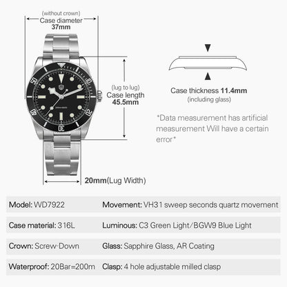 Watchdives WD7922 BB54 Watch VH31 Sweep Second Movement Sapphire Crystal 20bar Waterproof C3 Luminous 37mm Vintage Watches