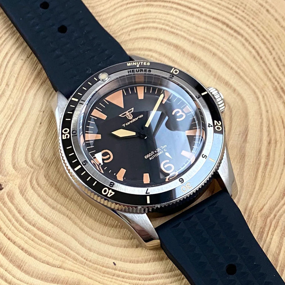 Tandorio NH35A PT5000 Mechanical Mens Watch 20BAR Waterproof Sapphire Luminous Red Black Dial Stainless Steel Bracelet New Clock