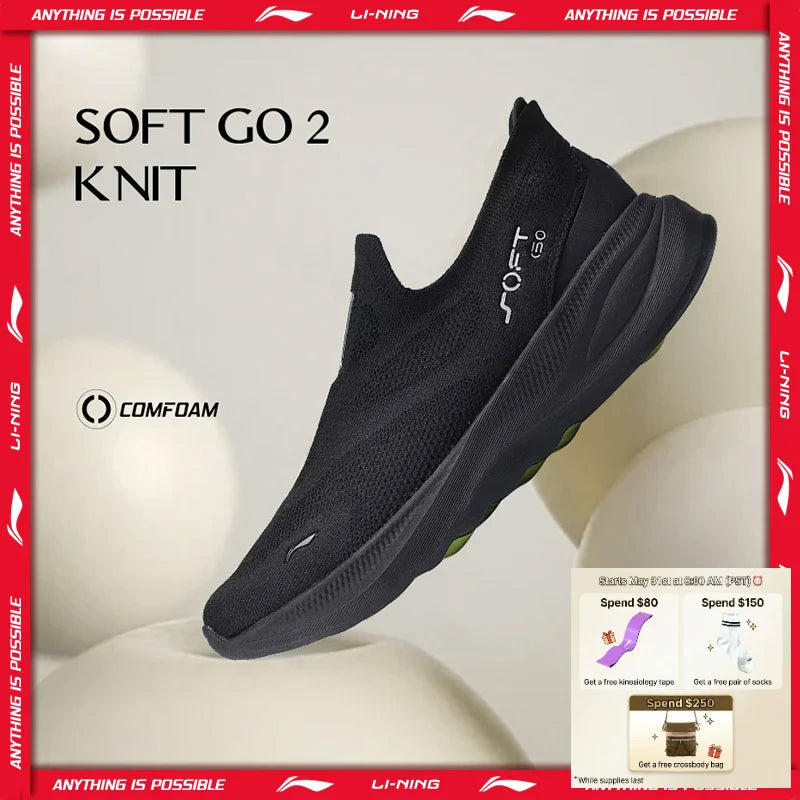 Moški natikači za hojo Li-Ning SOFT GO 2 KNIT – udobni, stabilni športni copati iz mrežastega materiala z blaženjem za vsakodnevni tek in prosti čas AGLV017