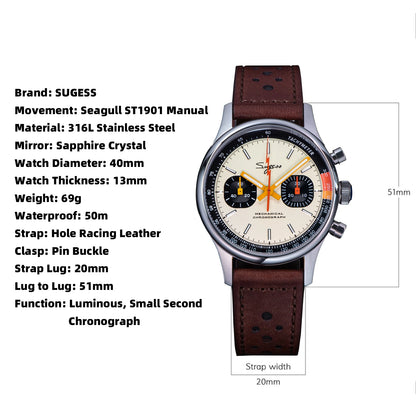 Sugess Watch of Men Chronograph Mechanical Wristwatches Tianjin ST1901 Swanneck Movement Pilot Mens Watch Sapphire Crystal Gift